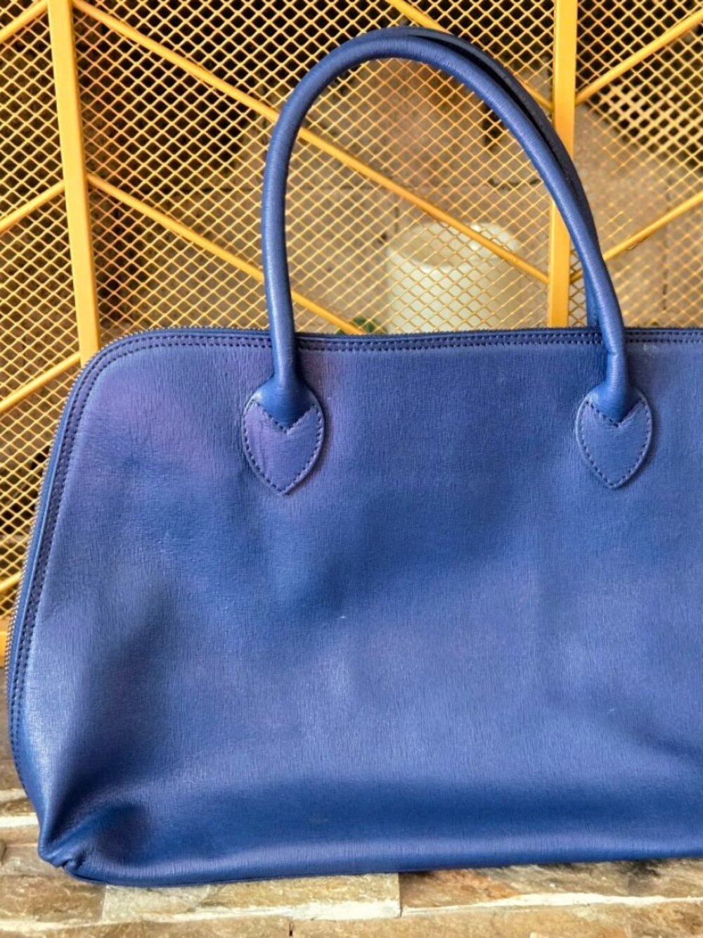 Vintage Italian Leather Blue Structured Satchel Top Handle Gold Hardware